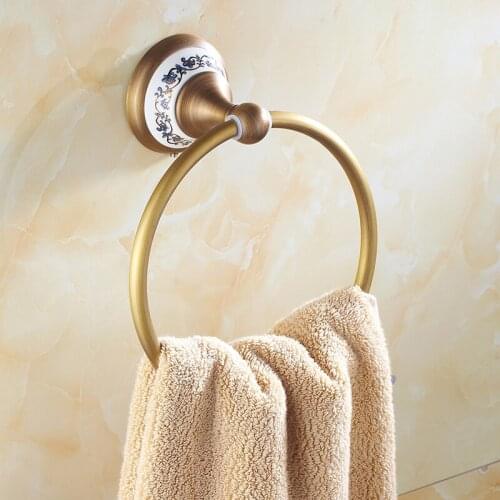 Antique Brass Ceramic Base Bathroom Wall Mounted Towel Ring Holder Bathroom Accessories Bath Hardware Circle Pattern Base mba413