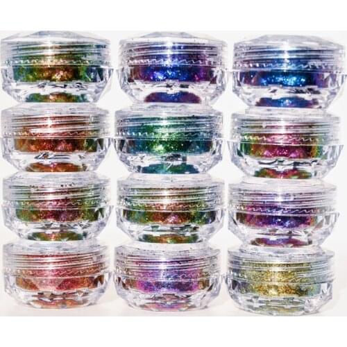 1 Box /12 Colors Unicorn Metallic Duo-Chrome Chameleon Glitter Flakes Colour-Changing Nail Art GLITTER MIRROR Chrome Powder.iu67