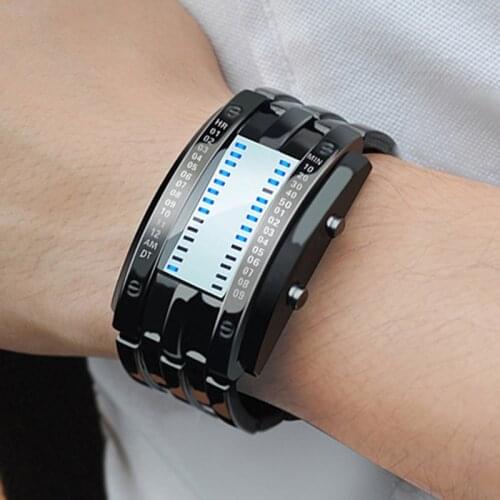 Fashion Binary LED Watch Men Multi-function Sports Watches Black Stainless Steel Bracelet Watches Men Women Couple Watch Clock