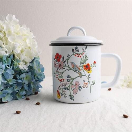 Enamel Flowers and Birds Story Milk Cup Breakfast Soybean Milk Cup Enamel Cooking Cup Thickened Enamel Tea Cup