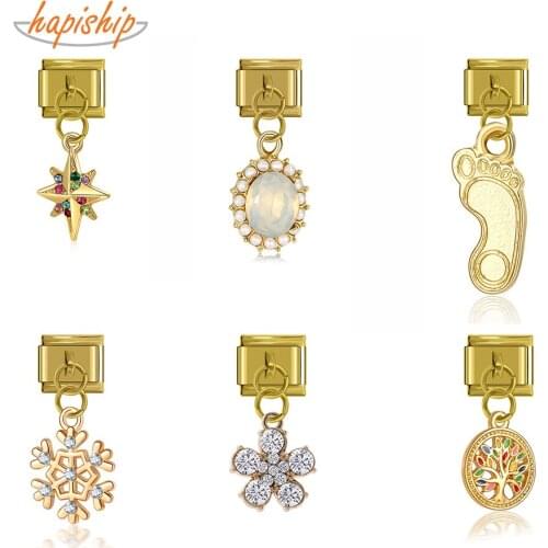 Hapiship 2021 Original Daisy Gold Star Snowflake Footprints Charm Links Fit 9mm Bracelet Stainless Steel Jewelry Making DJTop35