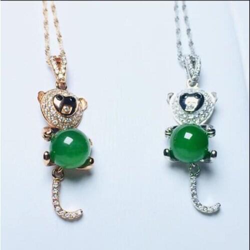 Natural Hetian Jasper Beads Inlaid Little Bear Shape Pendant 925 Silver Necklace For Women Girl Fine Jewelry Charm Gift