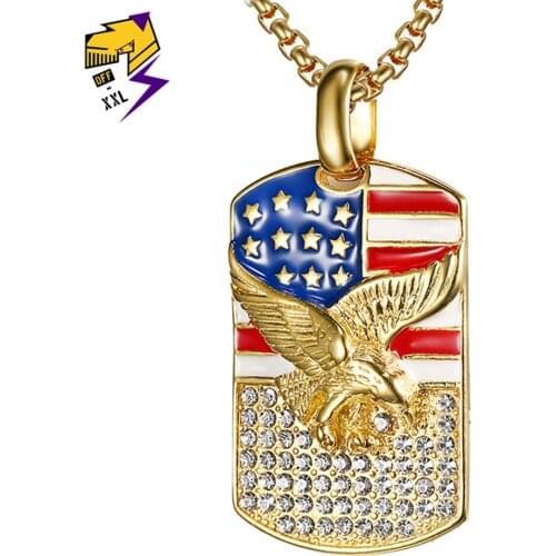 Classic American Flag Eagle Necklaces Men Gold Color Big Pendant Stainless Steel Chain Crystal Hawk Necklaces Fashion Jewelry