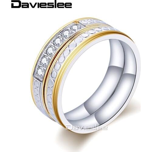 Davieslee Womens Girls Rhinestones Ring Set Stainless Steel Wedding Engagement Gold Silver Color 4mm LKR118