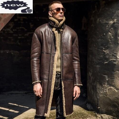 Men Medium-Long Original Shearling Coat Luxury Winter Thick Real Fur Military Overcoat Warm Vintage Casual Jacket Plus Size 6XL