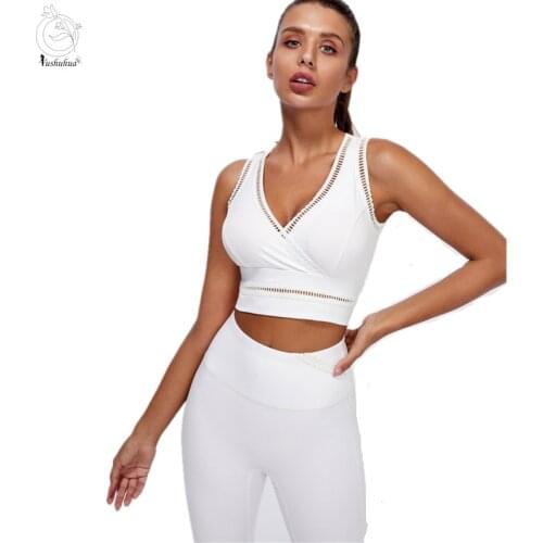 New Women Sports Shockproof Bras Beautiful Back Trousers Running Sport Bra+Leggings White Yoga Suit Fitness Two Piece Yoga Set