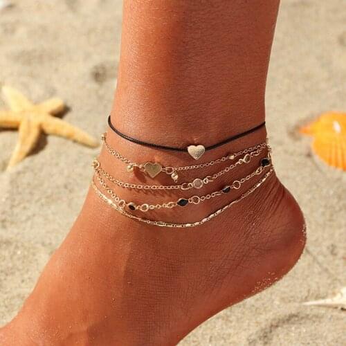 New European Ladies'Beach And Seaside Loving Anklets For Women Bohemian Love Heart Multilayer Fashion Anklet Jewelry