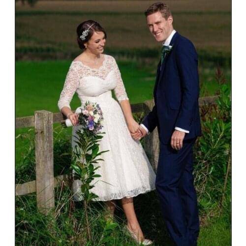 Charming Tea Length Short Wedding Dresses 2020 Jewel 3/4 Sleeve Lace Plus Size Garden Country Bridal Gowns robe de mariee