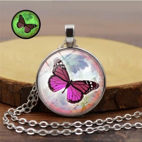 Wholesale Butterfly Pattern Luminous Necklace Fashion Classic Glow In The Dark Glass Dome Pendant Necklace Women Girl Jewelry