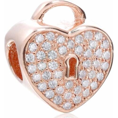 Original Rose Openwork Lock Hearts With Full Crystal Bead Fit 925 Sterling Silver Bead Charm Bracelet Bangle Diy Jewelry
