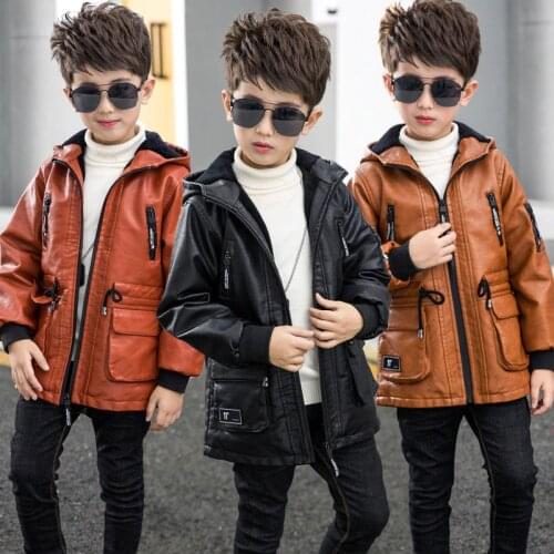 4-13T Children Boy Winter Hooded Plus Velvet Faux Leather Jacket 2021 Thick Warm Coat Fashion Outerwear
