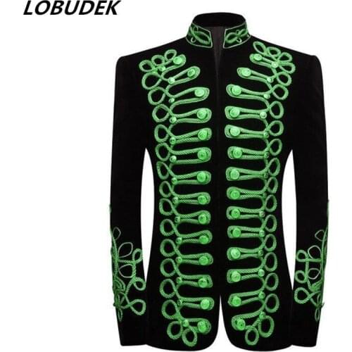 Plus Size Stand Collar Vintage Embroidery Suit Jacket Velvet Double-button Slim Fit Blazers Formal Costume For Singer