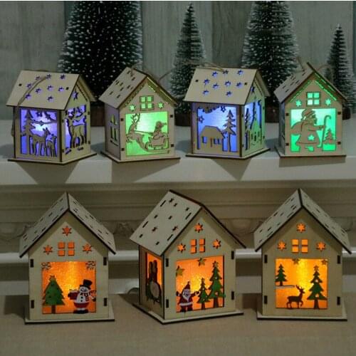 Christmas Ornaments LED Light Wood House Christmas Tree Decorations Xmas Gift Home Decoration