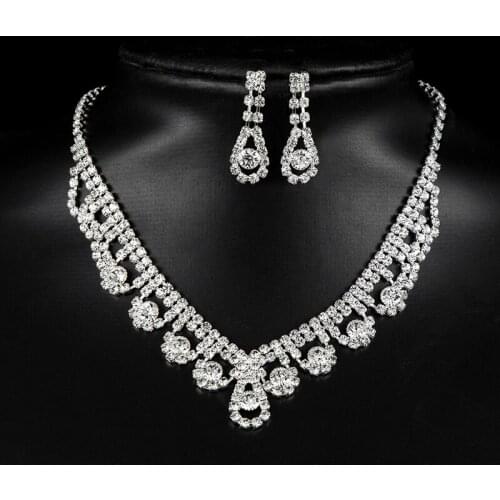 Crystal Pendant Bib Choker Chain Statement Necklace Earrings Wedding Alloy Jewelry Set