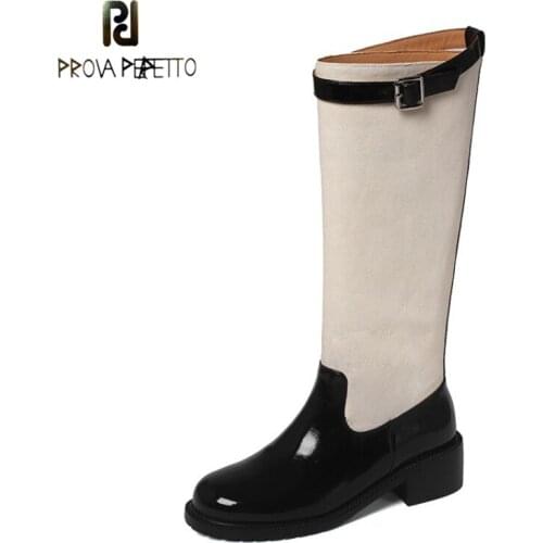 Cow Patent Leather Stitching Denim Color Matching Square Heel Straight Boots 2021 Winter New Belt Buckle Round Toe High Boots