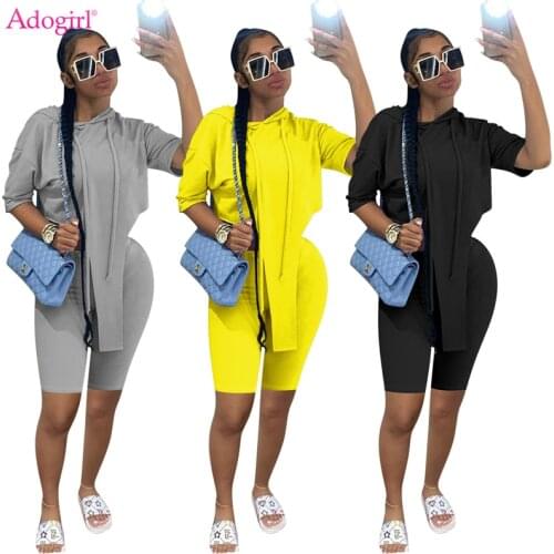Adogirl Women Solid Tracksuit Short Sleeve Hooded Irregular Top Knee Length Pants Fashion Casual Sportswear Outdoor Streetwear