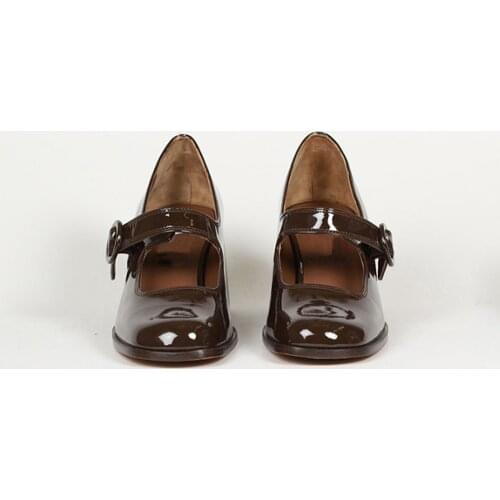 2021 New Mary Janes Shoes Genuine Leather Shallow Square heel Pumps Buckle Strap Round Toe Lady Footwear