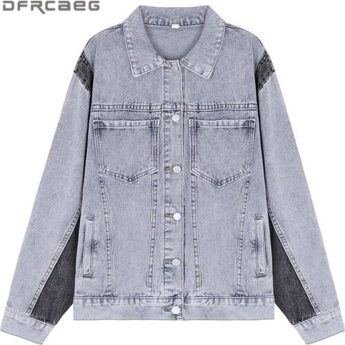 Streetwear Vintage Patchwork Denim Coats Womens 2021 Spring Long Sleeve Harajuku Jeans Jackets Loose Retro BF Outwear