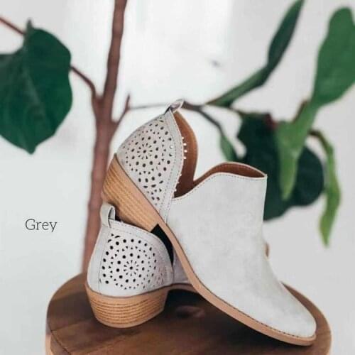 2021 Womens Boots Short Perforated Cutout Chunky Block Stacked Heels Shoes Ankle Booties Female Ladies Autumn Shoes Plus Size