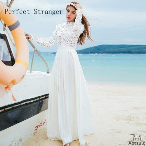 2021 Spring Autumn Hot Sale Stand Collar Lace Hollow-out Long Sleeve Woman Chiffon Long Formal Dress White Clothing Women