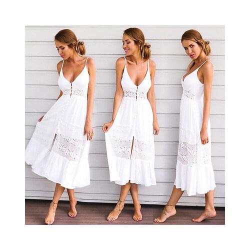 Women Summer Dress Sleeveless Solid Color Boho Deep V-neck Ruffles Lace Sundress Maxi Dress Holiday Elegant Wear
