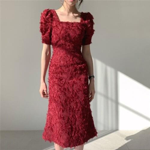 Tassel Warp Dress Women Square Collar Puff Sleeve Red Summer Long Dress Elegant Vintage High Waist Party Dress Office Lady B079