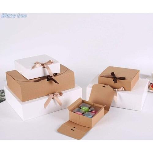 1pcs Square Kraft Paper Box Cardboard Packaging Valentines Day Wedding Easter Party Gift Box With Ribbons Candy Storage