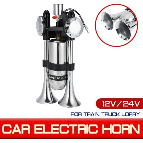 12V/24V 500DB Dual Trumpet Electric Horn Loud Chrome Air Horn Speaker Kit With Air Compressor For Train Truck Lorry