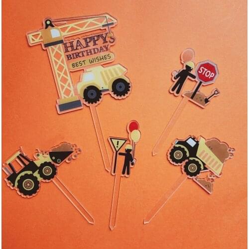 5pcs/lot Engineering Vehicle Happy Birthday Cake Toppers Acrylic Birthday Cupcake Topper for Kids Birthday Party Cake Decoration
