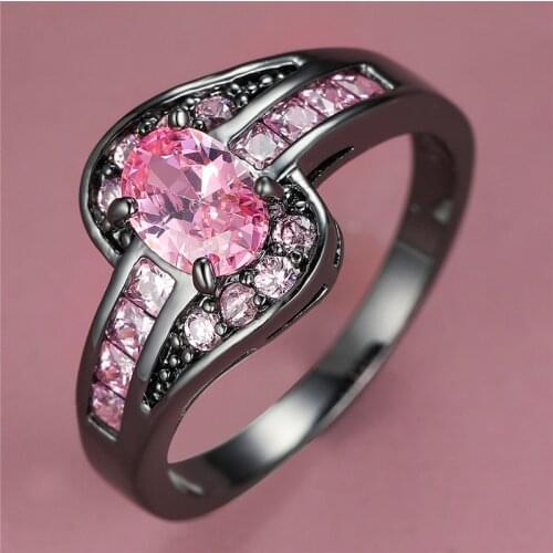 Charm Female Pink Zircon Stone Ring Dainty 14KT Black Gold Wedding Rings For Women Vintage Bride Oval Crystal Engagement Ring