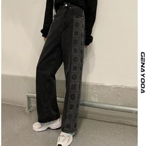 Genayooa Mom Jeans High Waist Vintage Ptint Patchwork Loose Boyfriend Jeans For Women Streetwear Wide Leg Pants Mujer Fashion