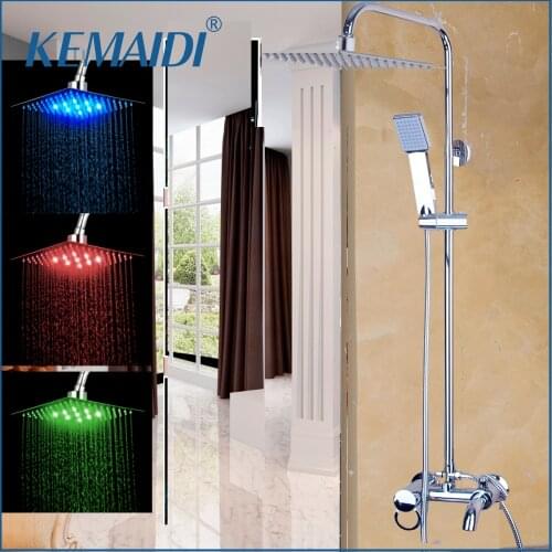 KEMAIDI LED Wall Mounted Rain Shower Faucets Luxury Square Shower Head 8" Shower Set Adjuatable Height Hand Shower Head Sets