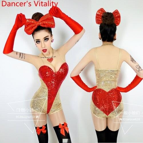 Nightclub Bar Valentines Day Sexy DS Female Singer DJ Stage Wear Photography Costume Red Sequin Performance Clothes Pole Sets