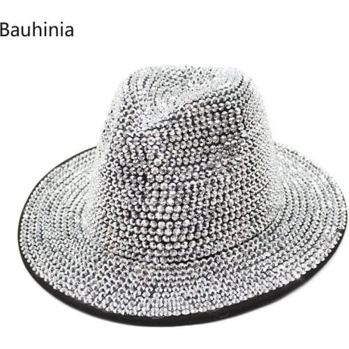 NEW 2022 Hand Made Rhinestone Fedora Jazz Hat Party Club Men Stage Performance Wide Brim Church Hat