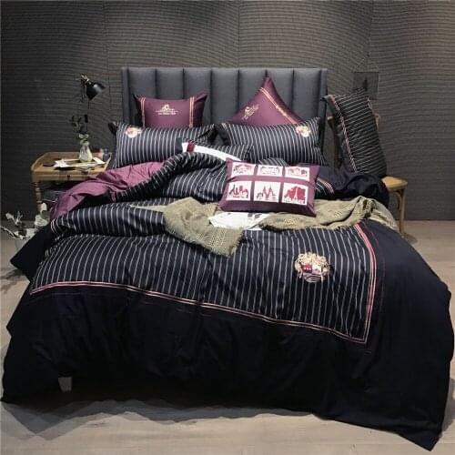 New Black Stripe 80S Egyptian cotton Embroidery Royal Bedding sets Queen King mans Duvet cover Bed sheet set Pillowcase 4/6pcs