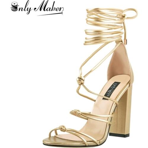 Onlymaker Womens gold Gladiator Lace up Chunky High Heel Sandals Open Toe Ankle Strap Casual Dressing Shoes with Knot