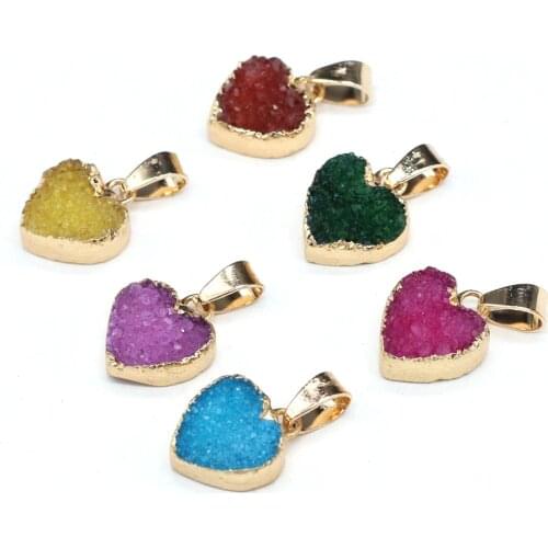 2pcs Natural Stone Druzy Heart Shape Mixed Colors Black Green Crystal Pendants for Jewelry Making Necklace Earring Size 12x16mm