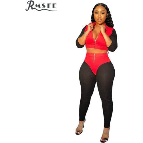 RMSFE 2020 Special Women Sportwear V-neck Shinny Set Patchwork Print 2 Piece Set Women Full Sleeve Top And Pant Sets
