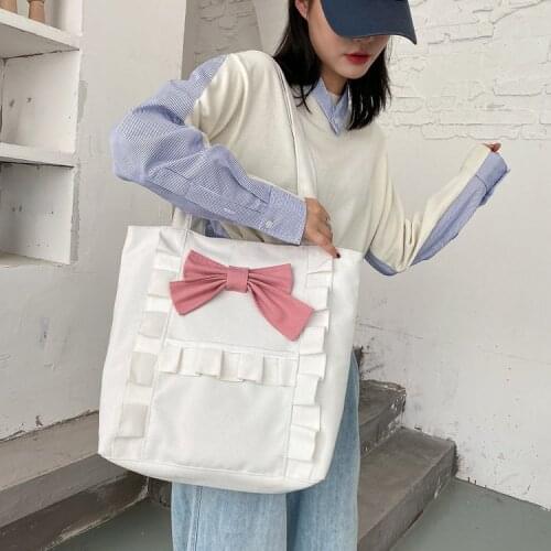 Girls Bag Japan Style Tote Bag Canvas High-Capacity Bow Ruched Lady Shoulder Bag Handbag Small Fresh Student Bag