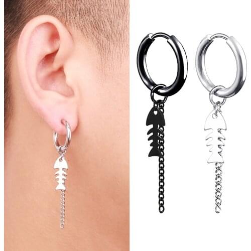 SOHOT New Unisex Titanium Stainless Steel Fish Bone Hoop Earrings Black Color HipHop Wholesale Punk Chic Tassel Chain Man Party