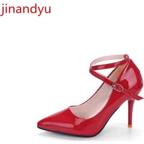 Patent Leather Black Pink Red Pumps Heels Fashion Pointed Toe Ankle Strappy Shoes White Wedding Shoes Bride Female High Heels