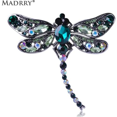 High Quality Crystal Dragonfly Brooches for Women Girl Green Jewelry Scarf Lapel Pins Brooch Antique Silver Color Accessories