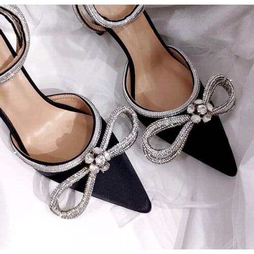 Women Runway style Glitter Rhinestones Crystal bowknot Satin Lady High heels Evening Party Prom Shoes