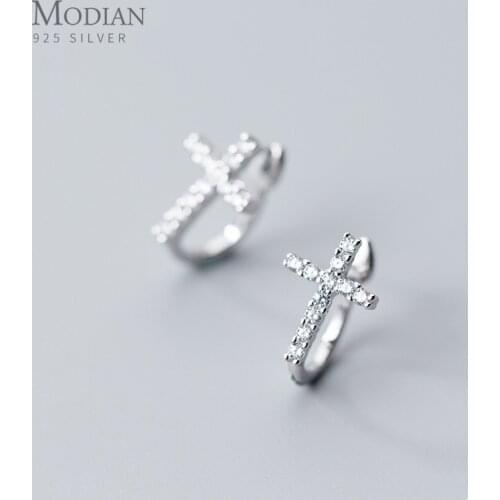 Modian 100% Real 925 Sterling Silver Clear CZ Cross Clip Earrings For Women Fashion Classic Female Korean Silver Fine Jewelry