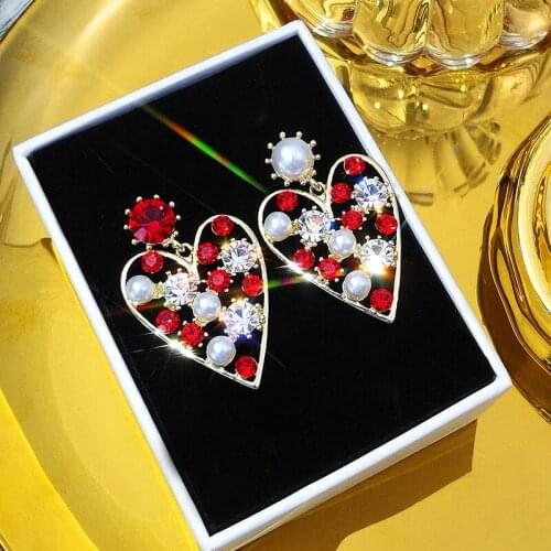 ES1405 Love Heart Crystal Pearl Drop Earrings for Women Jewelry Geometric Rhinestone Shiny Hollw Heart Crystal Dangle Earrings