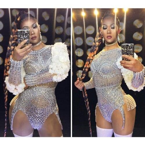 Luxury Pearls Rhinestones Flower Sleeve Bodysuit Women Sexy Singer Performance Stage Jazz Dance Costume Birthday Party Club Wear