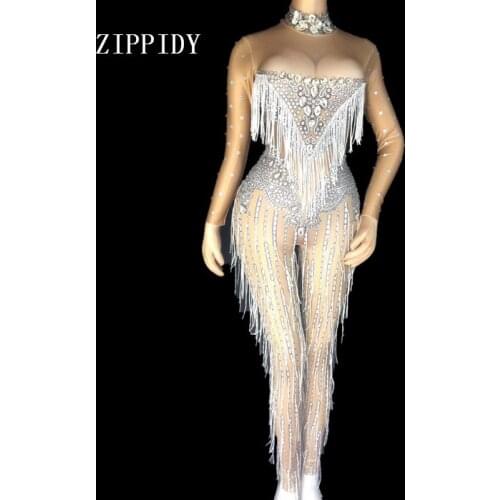 Sexy Tassels Crystals Jumpsuit Female Singer Dancer Sexy Leggings Costume Big Stretch Bodysuit Nightclub Oufit Party Wear Outfit