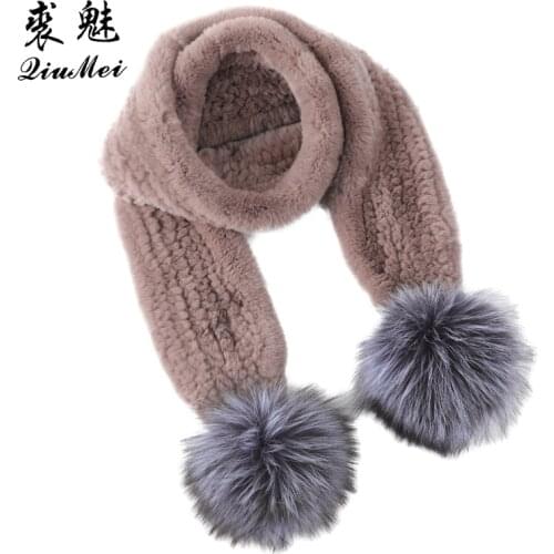 Scarf Women Winter Genuine Fur Rex Rabbit Valentines Day Gift Lady Knitted Fur Pompom Fox Muffler Real Fur Long Sacrves Female