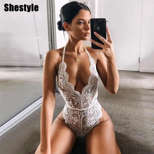 Shestyle 7 Color Lace Sexy Bodysuit Women Deep V Neck Hollow Out See Through Transparent Halter Backless Spaghetti Strap Body