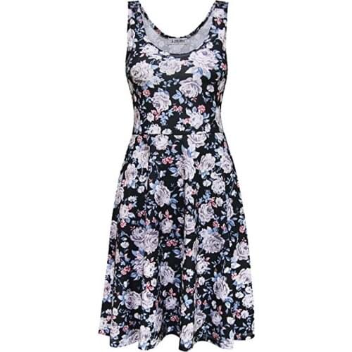 Summer Women White Rose Flower Print Sleeveless Spaghetti Strap Fit And Flare Beach Black Dress